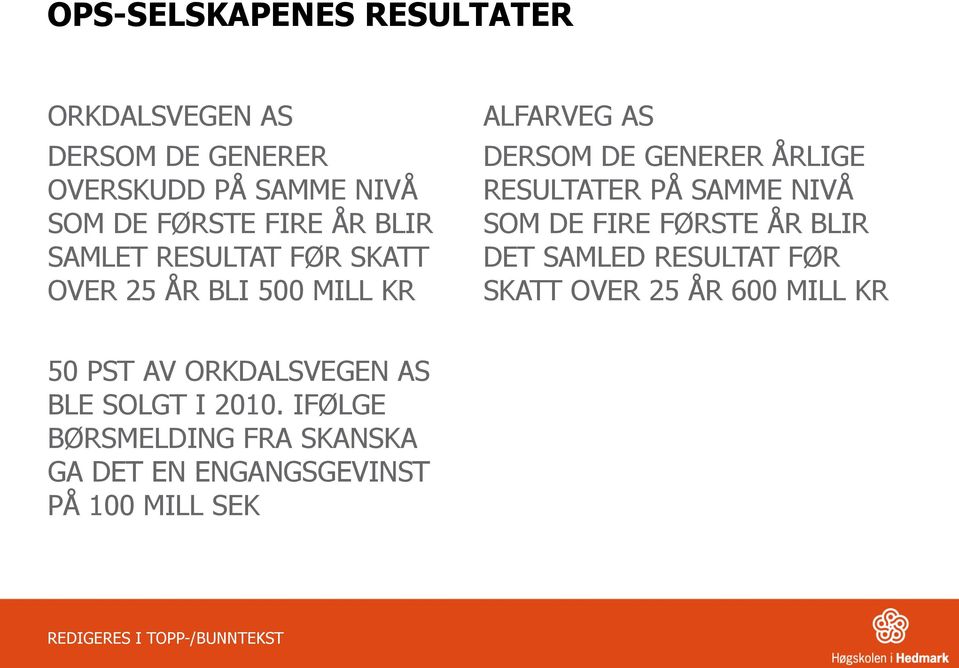 RESULTATER PÅ SAMME NIVÅ SOM DE FIRE FØRSTE ÅR BLIR DET SAMLED RESULTAT FØR SKATT OVER 25 ÅR 600 MILL KR