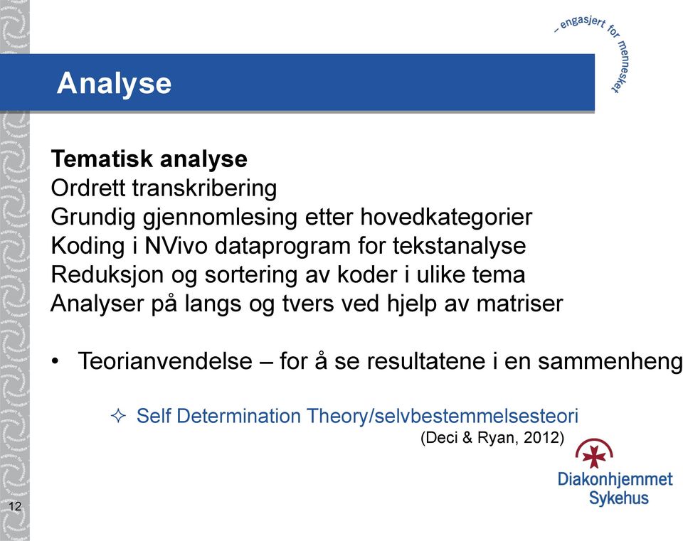 koder i ulike tema Analyser på langs og tvers ved hjelp av matriser Teorianvendelse for