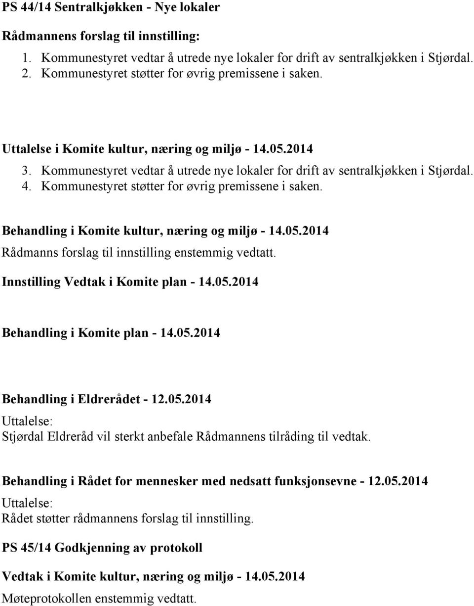 Kommunestyret støtter for øvrig premissene i saken. Rådmanns forslag til innstilling enstemmig vedtatt. Innstilling Vedtak i Komite plan - 14.05.2014 Behandling i Komite plan - 14.05.2014 Behandling i Eldrerådet - 12.