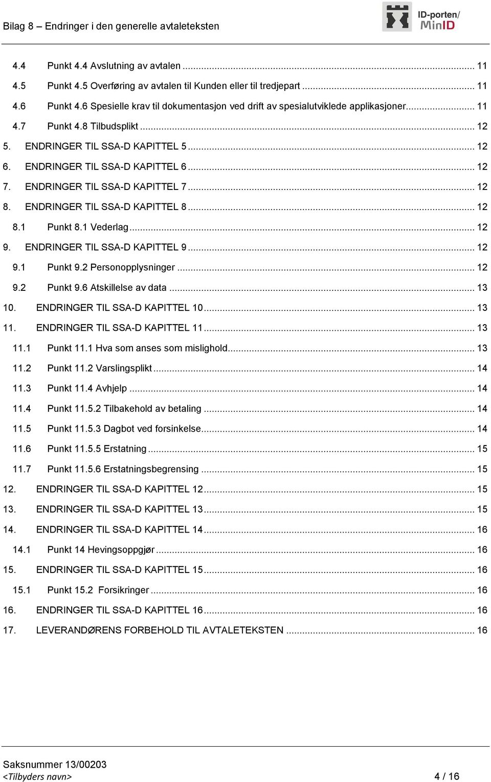 ENDRINGER TIL SSA-D KAPITTEL 7... 12 8. ENDRINGER TIL SSA-D KAPITTEL 8... 12 8.1 Punkt 8.1 Vederlag... 12 9. ENDRINGER TIL SSA-D KAPITTEL 9... 12 9.1 Punkt 9.2 Personopplysninger... 12 9.2 Punkt 9.