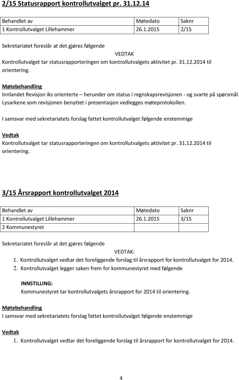 Kontrollutvalget tar statusrapporteringen om kontrollutvalgets aktivitet pr. 31.12.2014 til orientering. 3/15 Årsrapport kontrollutvalget 2014 1 Kontrollutvalget Lillehammer 26.1.2015 3/15 2 Kommunestyret VEDTAK: 1.