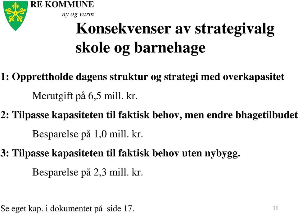 2: Tilpasse kapasiteten til faktisk behov, men endre bhagetilbudet Besparelse på 1,0