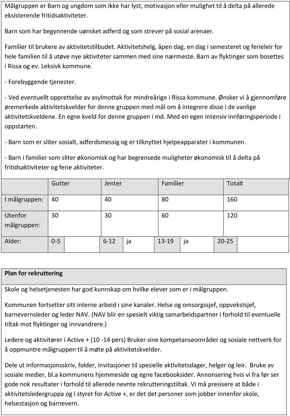 Aktivitetshelg, åpen dag, en dag i semesteret og ferieleir for hele familien til å utøve nye aktiviteter sammen med sine nærmeste. Barn av flyktinger som bosettes i Rissa og ev. Leksivk kommune.