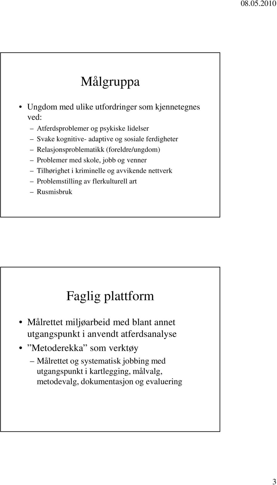 Problemstilling av flerkulturell art Rusmisbruk Faglig plattform Målrettet miljøarbeid med blant annet utgangspunkt i anvendt