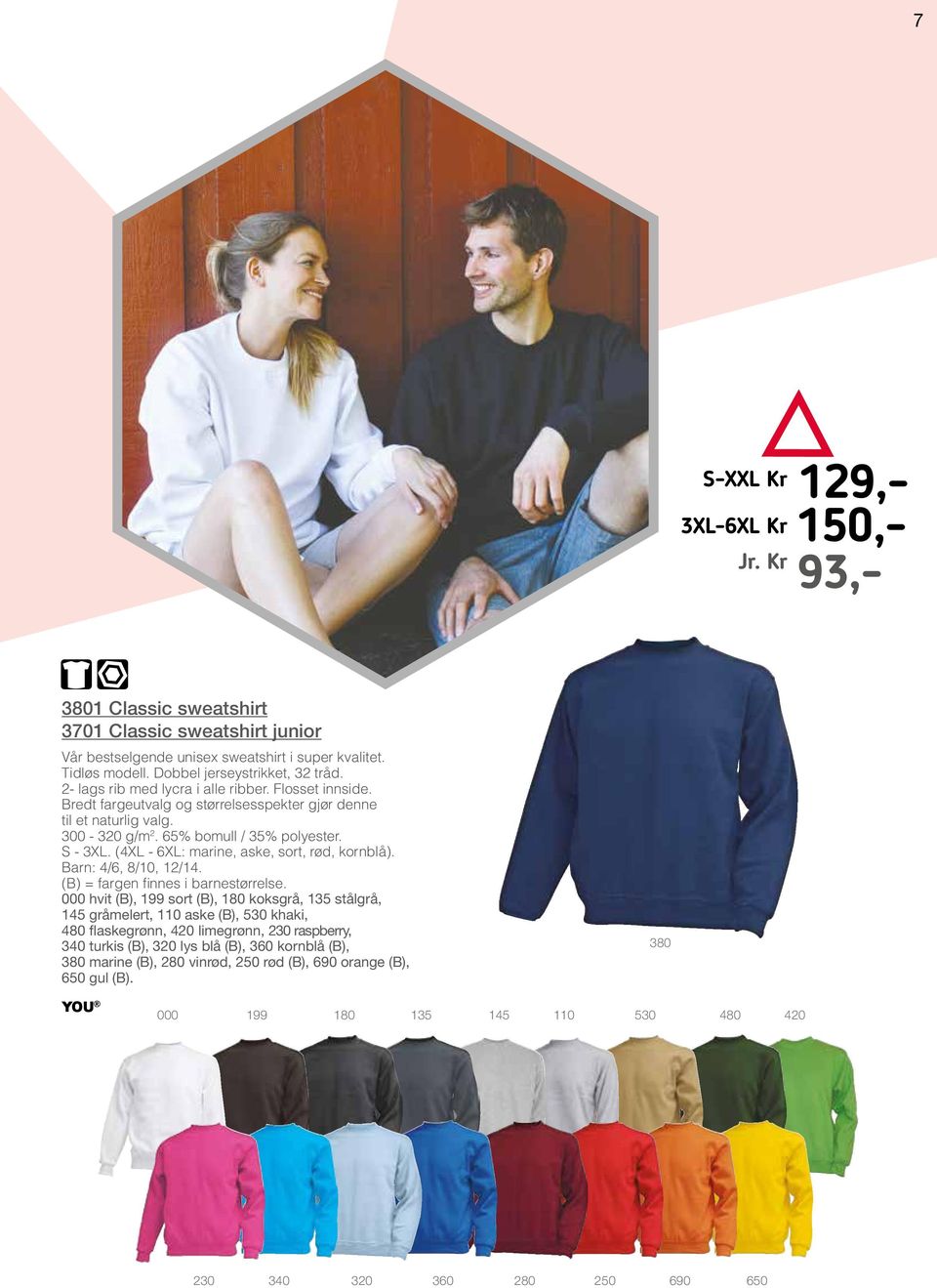 (4XL - 6XL: marine, aske, sort, rød, kornblå). Barn: 4/6, 8/10, 12/14. (B) = fargen finnes i barnestørrelse.