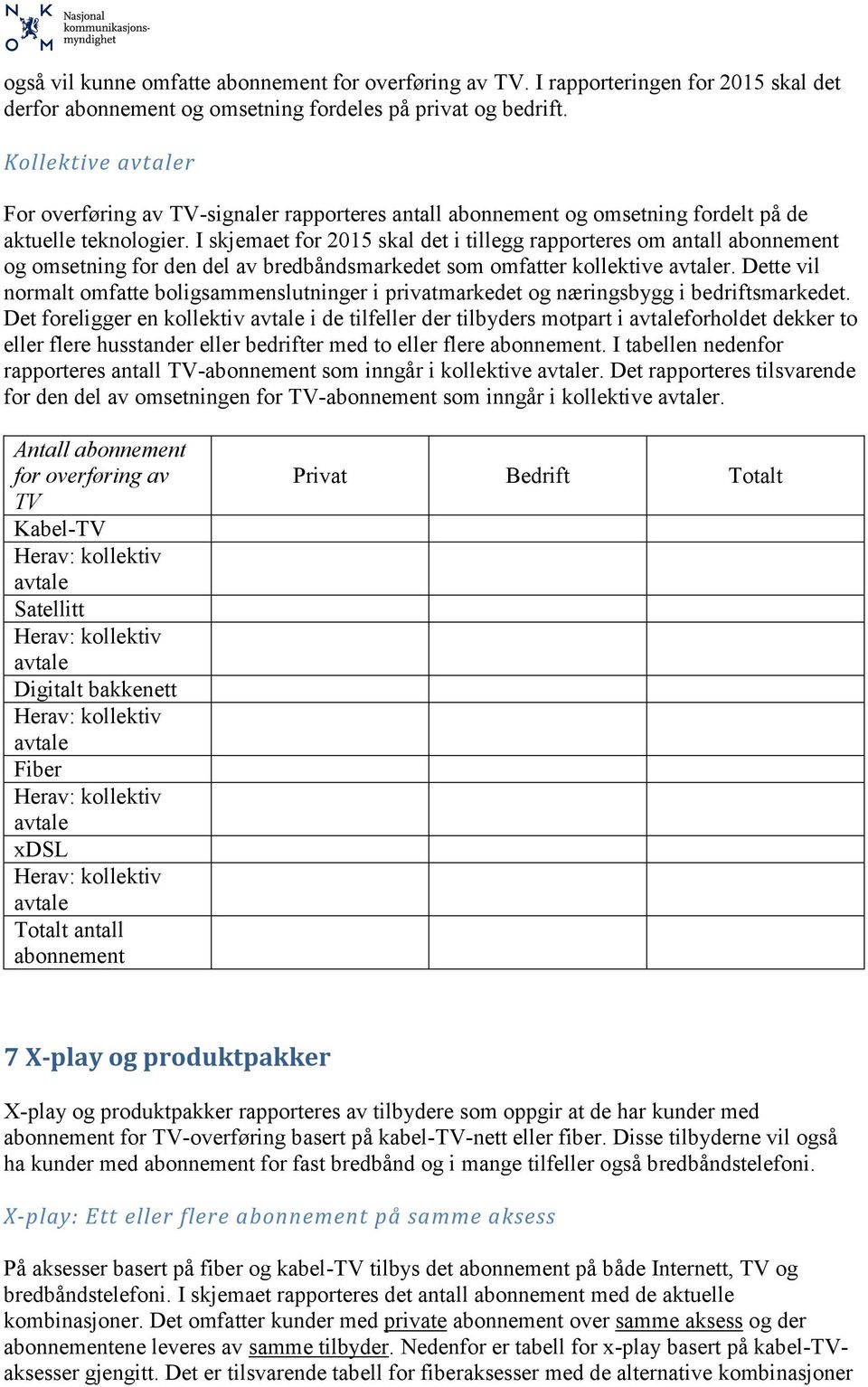 I skjemaet for 2015 skal det i tillegg rapporteres om antall abonnement og omsetning for den del av bredbåndsmarkedet som omfatter kollektive r.