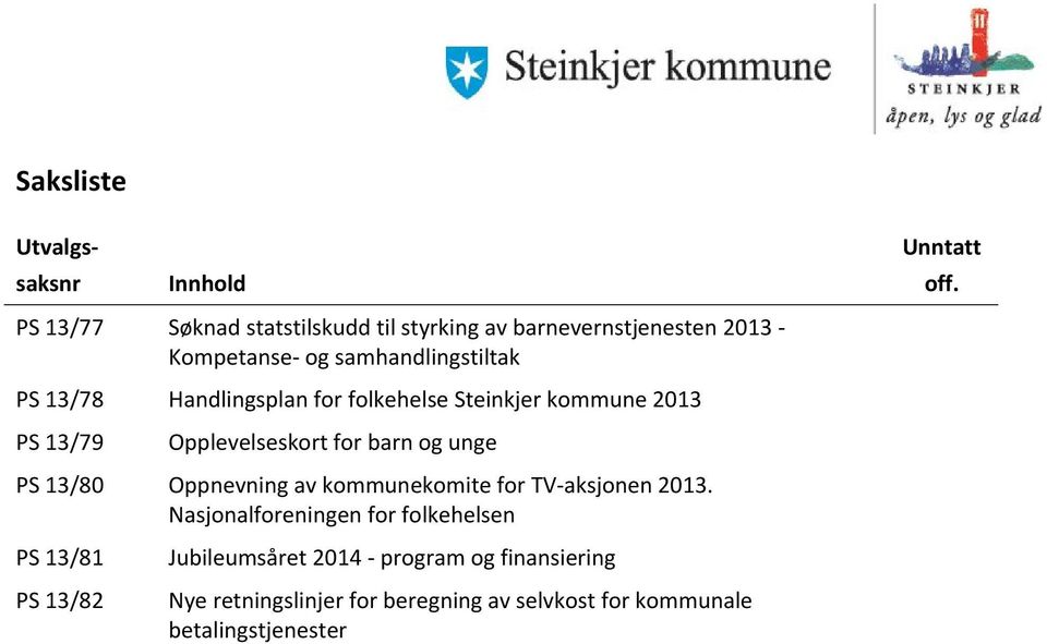 Handlingsplan for folkehelse Steinkjer kommune 2013 PS 13/79 Opplevelseskort for barn og unge PS 13/80 Oppnevning av