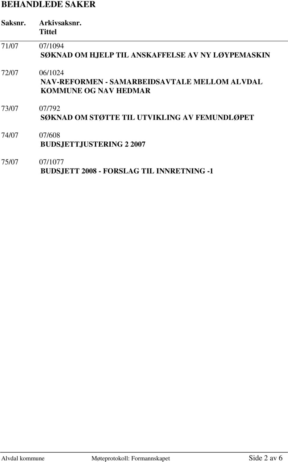 SAMARBEIDSAVTALE MELLOM ALVDAL KOMMUNE OG NAV HEDMAR 73/07 07/792 SØKNAD OM STØTTE TIL UTVIKLING AV