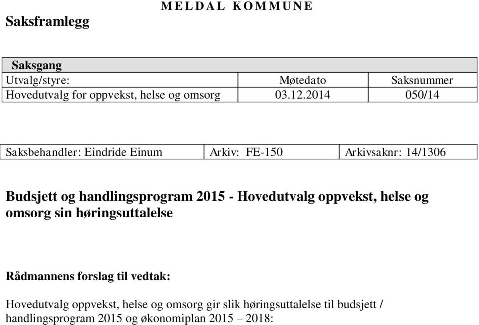 2014 050/14 Saksbehandler: Eindride Einum Arkiv: FE-150 Arkivsaknr: 14/1306 Budsjett og handlingsprogram 2015 -