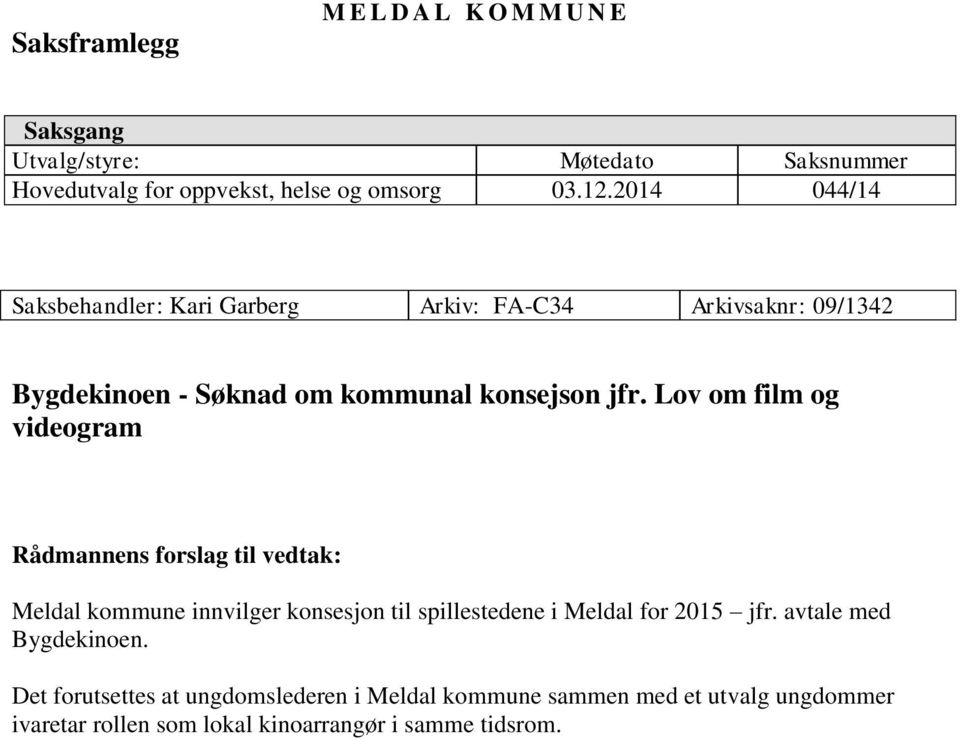 Lov om film og videogram Rådmannens forslag til vedtak: Meldal kommune innvilger konsesjon til spillestedene i Meldal for 2015 jfr.