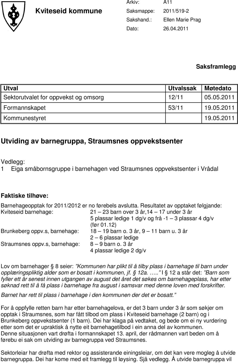 Faktiske tilhøve: Barnehageopptak for 2011/2012 er no førebels avslutta.