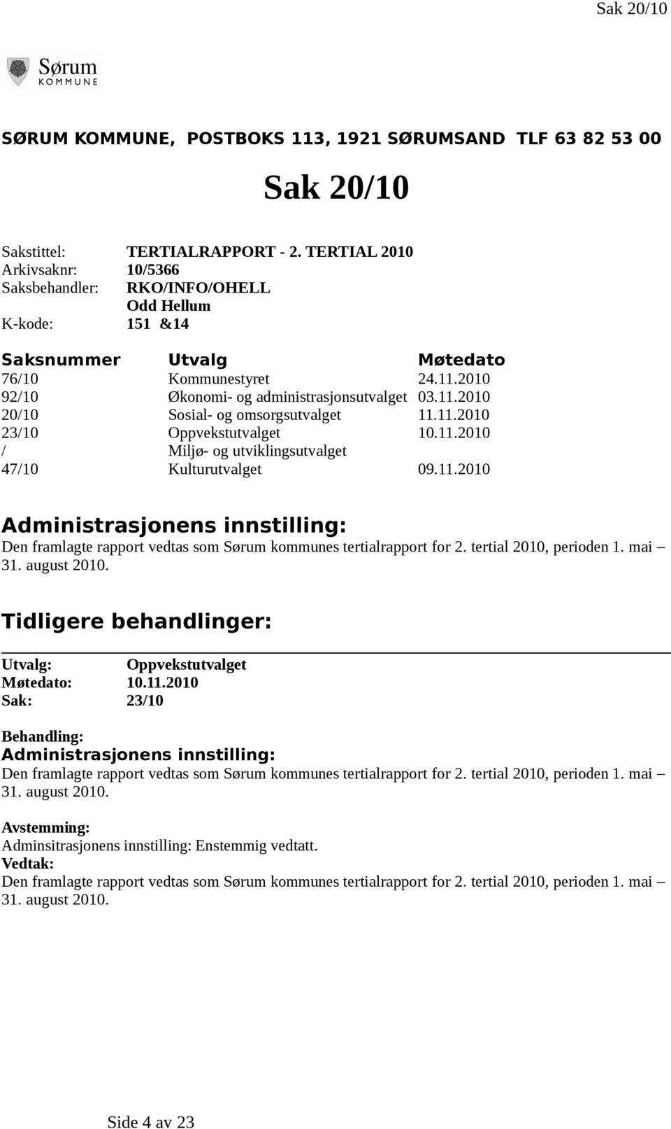 11.2010 23/10 Oppvekstutvalget 10.11.2010 / Miljø- og utviklingsutvalget 47/10 Kulturutvalget 09.11.2010 Administrasjonens innstilling: Den framlagte rapport vedtas som Sørum kommunes tertialrapport for 2.