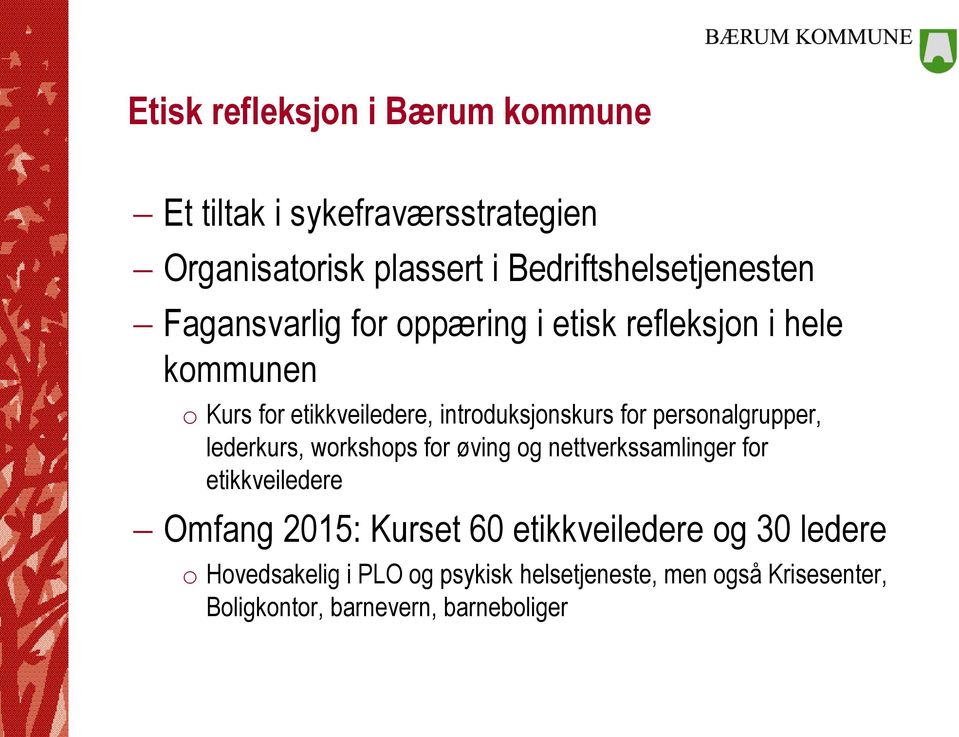 personalgrupper, lederkurs, workshops for øving og nettverkssamlinger for etikkveiledere Omfang 2015: Kurset 60