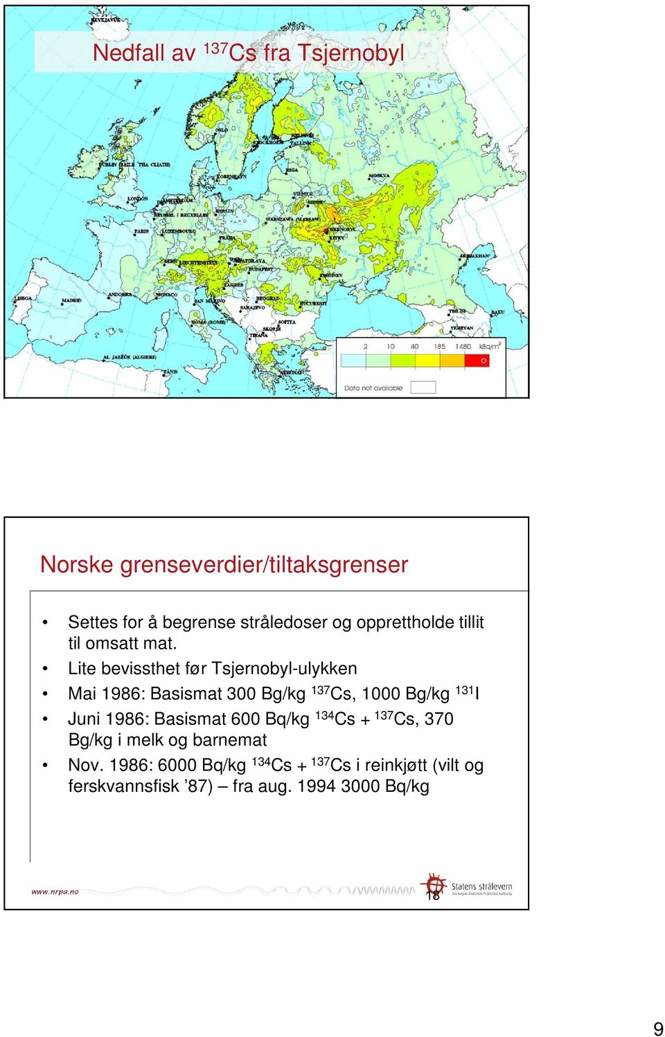 Lite bevissthet før Tsjernobyl-ulykken Mai 1986: Basismat 300 Bg/kg 137 Cs, 1000 Bg/kg 131 I Juni 1986: