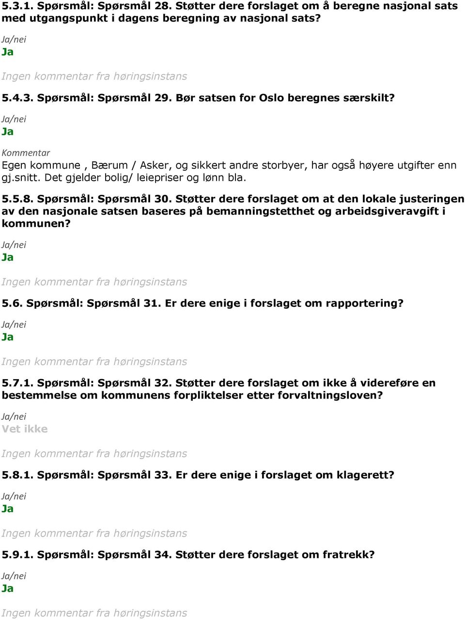 Spørsmål: Spørsmål 30. Støtter dere forslaget om at den lokale justeringen av den nasjonale satsen baseres på bemanningstetthet og arbeidsgiveravgift i kommunen? 5.6. Spørsmål: Spørsmål 31.