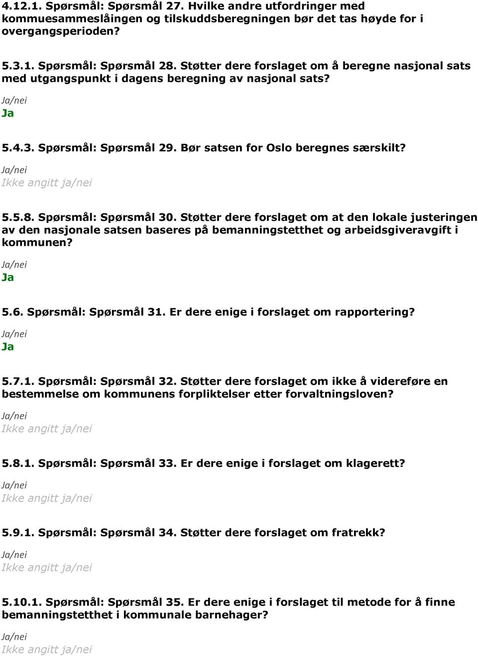 Spørsmål: Spørsmål 30. Støtter dere forslaget om at den lokale justeringen av den nasjonale satsen baseres på bemanningstetthet og arbeidsgiveravgift i kommunen? 5.6. Spørsmål: Spørsmål 31.