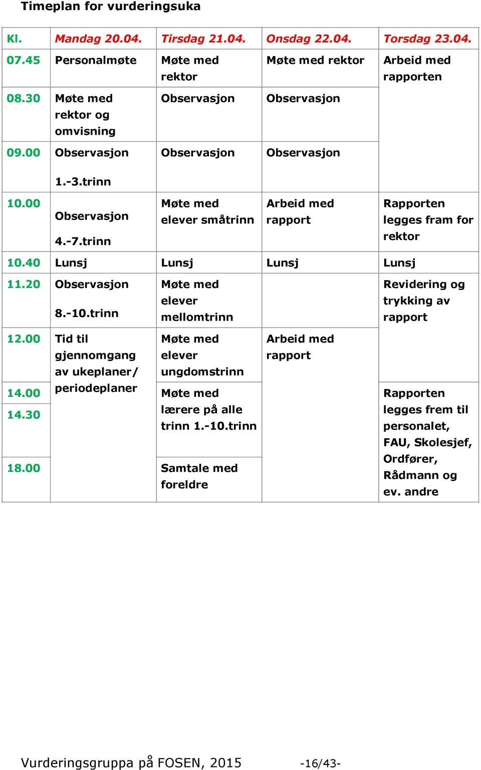 40 Lunsj Lunsj Lunsj Lunsj 11.20 Observasjon 8.-10.trinn Møte med elever mellomtrinn Revidering og trykking av rapport 12.00 14.