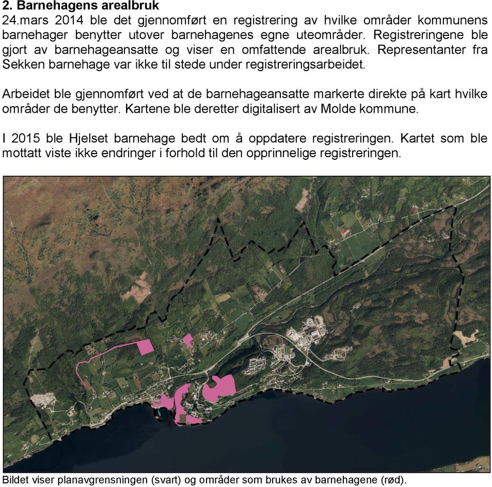 Arbeidet ble gjennomført ved at de barnehageansatte markerte direkte på kart hvilke områder de benytter. Kartene ble deretter digitalisert av Molde kommune.