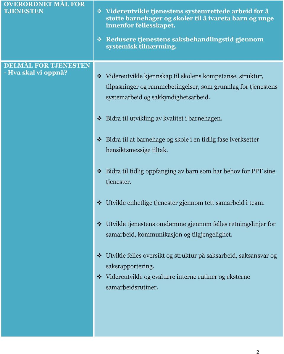 Videreutvikle kjennskap til skolens kompetanse, struktur, tilpasninger og rammebetingelser, som grunnlag for tjenestens systemarbeid og sakkyndighetsarbeid.