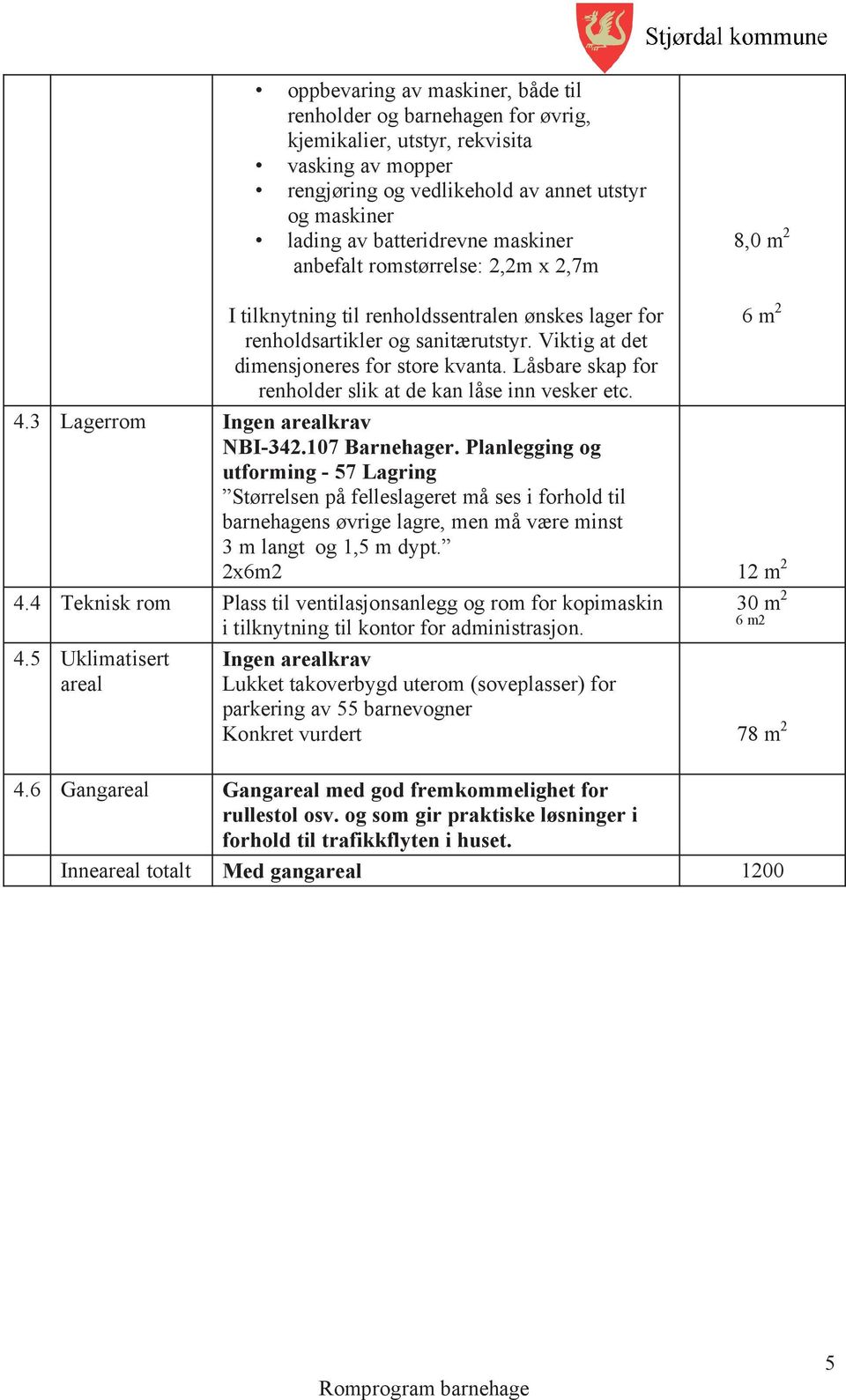 Låsbare skap for renholder slik at de kan låse inn vesker etc. 4.3 Lagerrom Ingen arealkrav NBI-342.107 Barnehager.