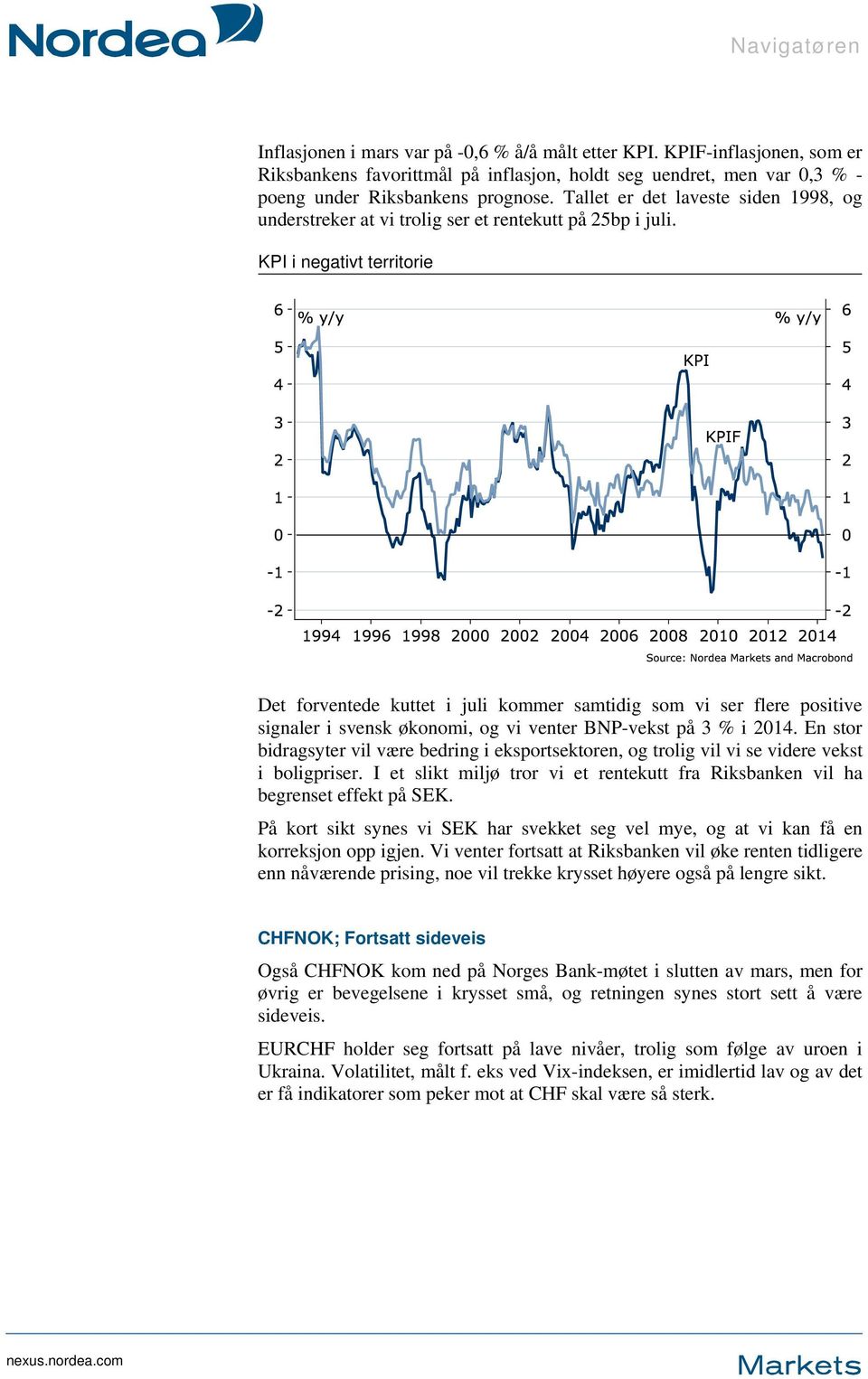 KPI i negativt territorie Det forventede kuttet i juli kommer samtidig som vi ser flere positive signaler i svensk økonomi, og vi venter BNP-vekst på 3 % i 2014.