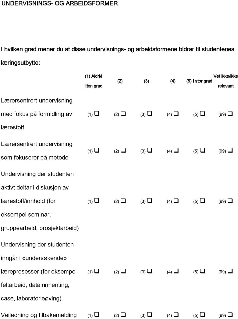 fokuserer på metode Undervisning der studenten aktivt deltar i diskusjon av lærestoff/innhold (for eksempel seminar, gruppearbeid, prosjektarbeid)