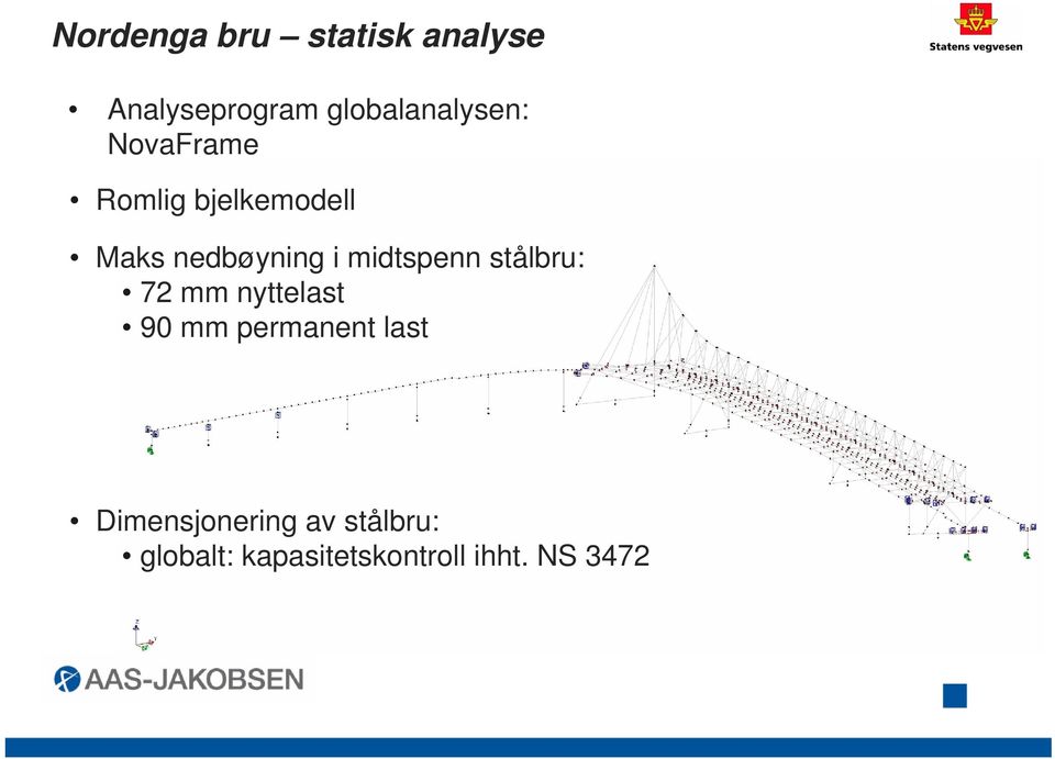 nedbøyning i midtspenn stålbru: 72 mm nyttelast 90 mm