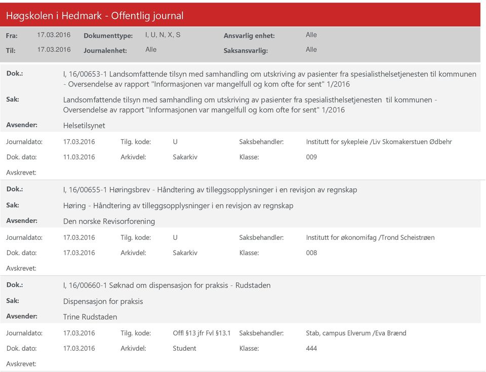 for sent" 1/2016 Helsetilsynet Institutt for sykepleie /Liv Skomakerstuen Ødbehr Dok. dato: 11.03.