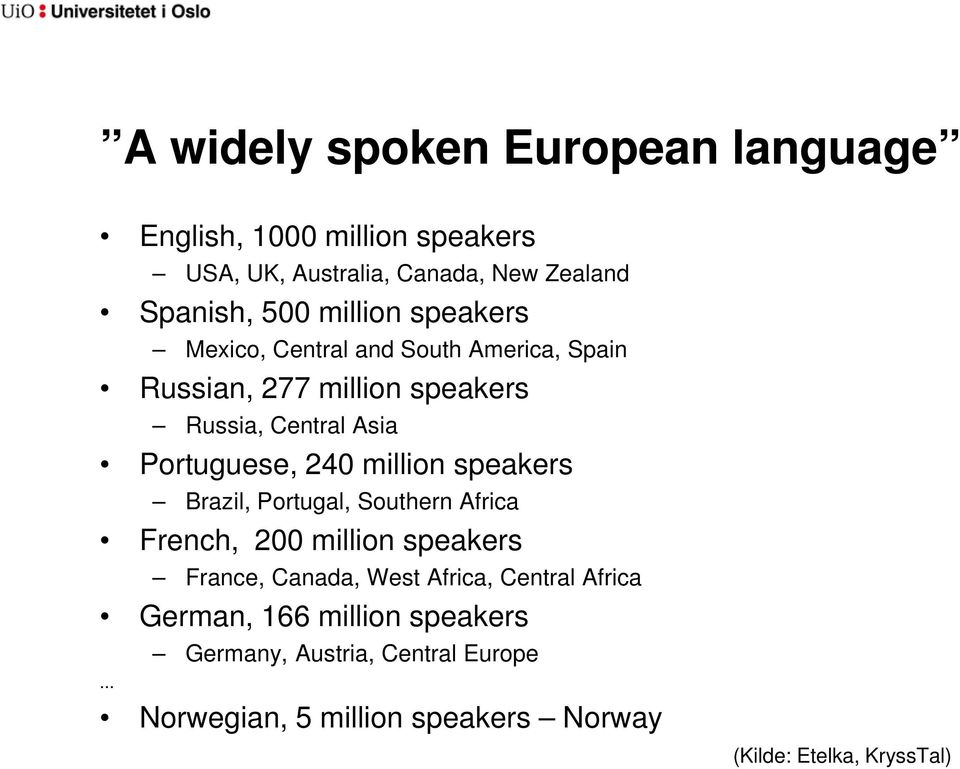 240 million speakers Brazil, Portugal, Southern Africa French, 200 million speakers France, Canada, West Africa, Central