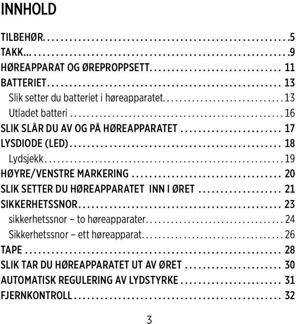 .. 20 SLIK SETTER DU HØREAPPARATET INN I ØRET... 21 SIKKERHETSSNOR... 23 sikkerhetssnor to høreapparater.