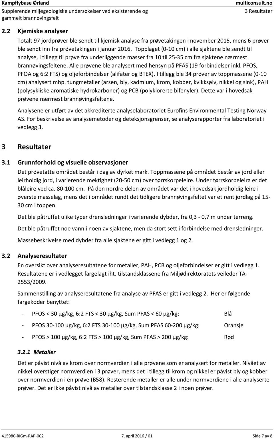 Topplaget (0-10 cm) i alle sjaktene ble set til analyse, i tillegg til prøve fra uerliggee masser fra 10 til 25-35 cm fra sjaktene nærmest brannøvingsfeltene.