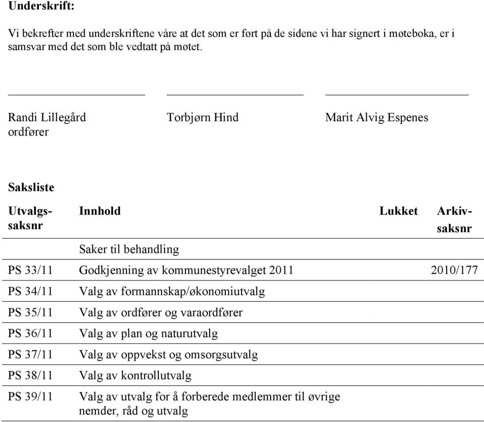 kommunestyrevalget 2011 2010/177 PS 34/11 PS 35/11 PS 36/11 PS 37/11 PS 38/11 PS 39/11 Valg av formannskap/økonomiutvalg Valg av ordfører og varaordfører