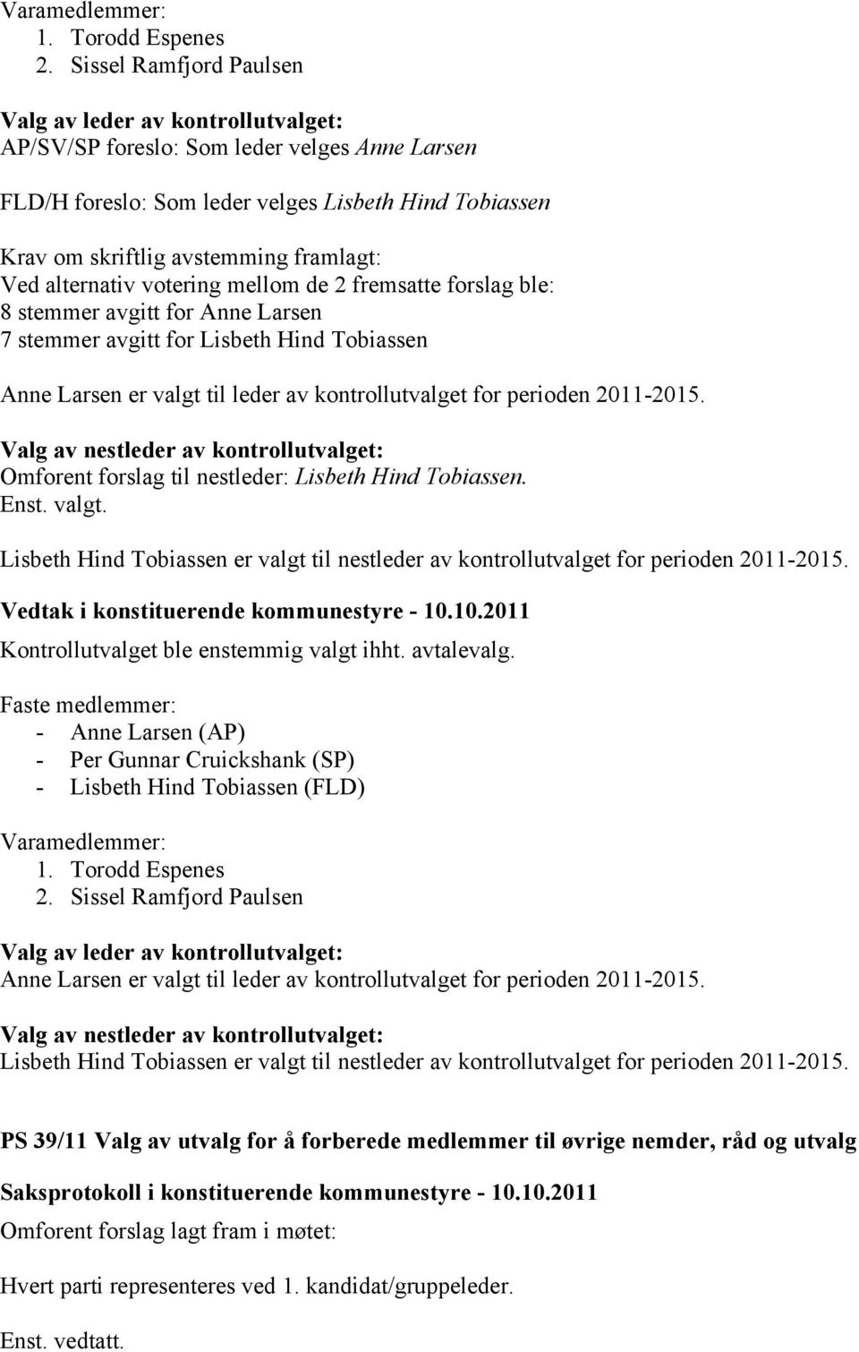 8 stemmer avgitt for Anne Larsen 7 stemmer avgitt for Lisbeth Hind Tobiassen Anne Larsen er valgt til leder av kontrollutvalget for perioden 2011-2015.