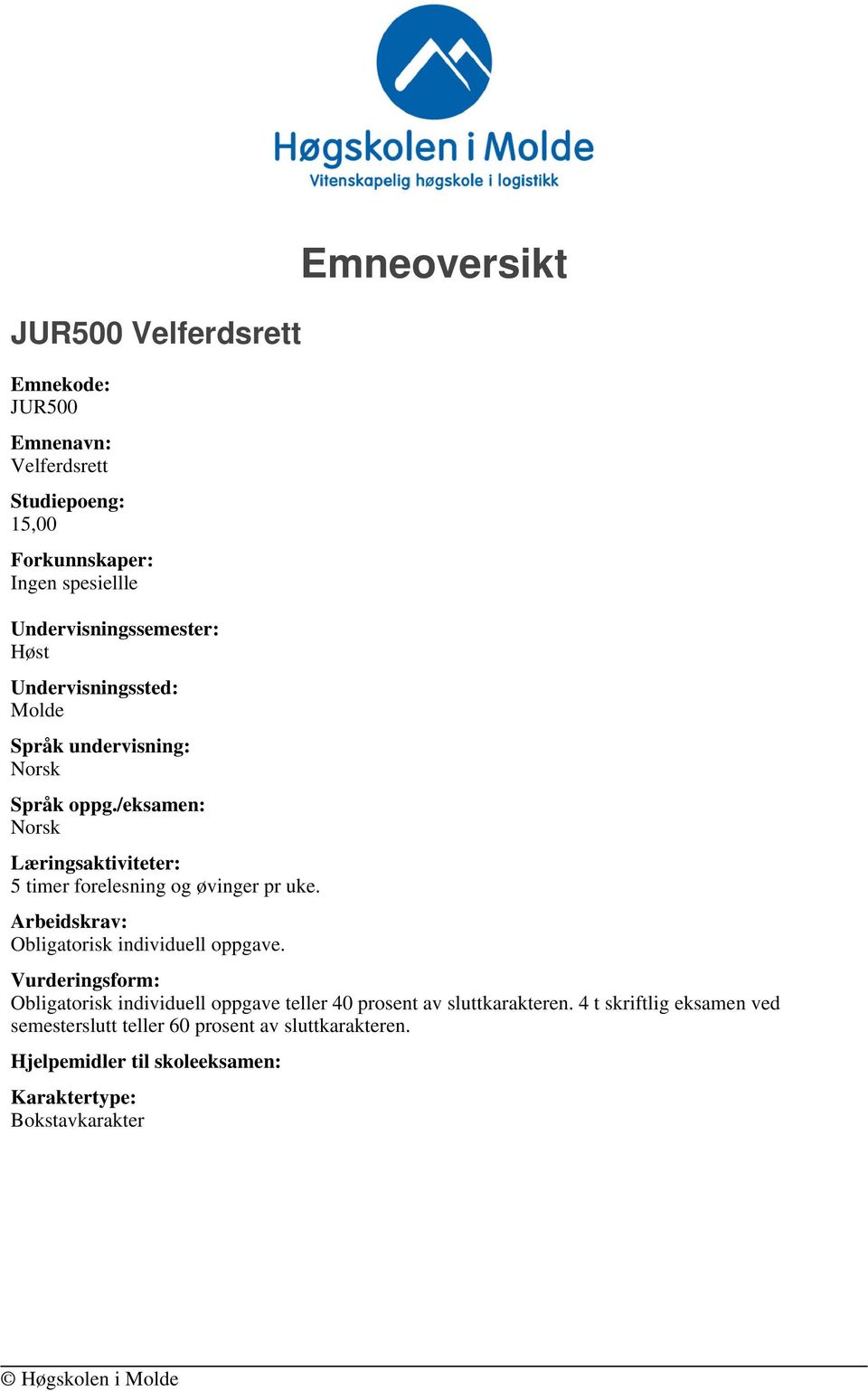 Arbeidskrav: Obligatorisk individuell oppgave.