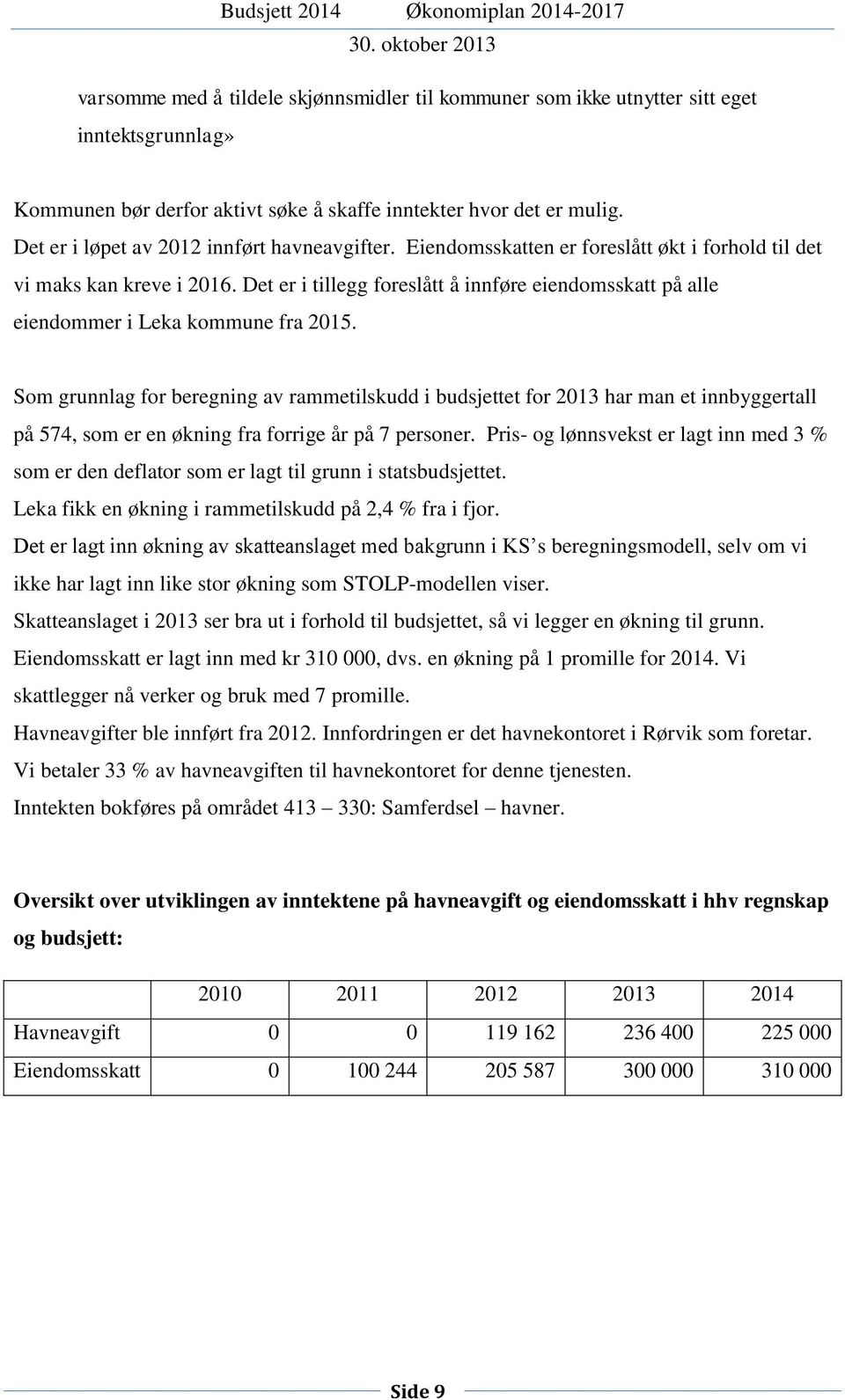 Det er i tillegg foreslått å innføre eiendomsskatt på alle eiendommer i Leka kommune fra 2015.