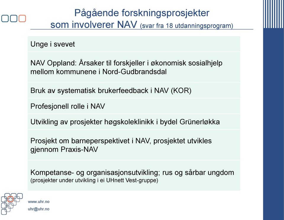 Profesjonell rolle i NAV Utvikling av prosjekter høgskoleklinikk i bydel Grünerløkka Prosjekt om barneperspektivet i NAV,