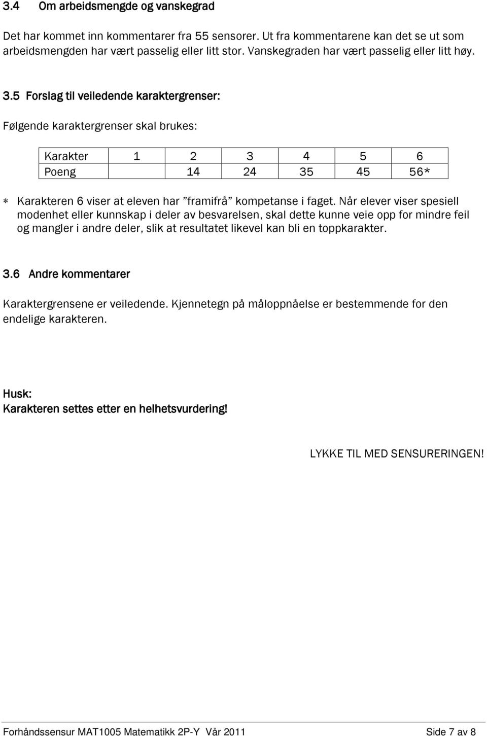 5 Forslag til veiledende karaktergrenser: Følgende karaktergrenser skal brukes: Karakter 1 2 3 4 5 6 Poeng 14 24 35 45 56* Karakteren 6 viser at eleven har framifrå kompetanse i faget.