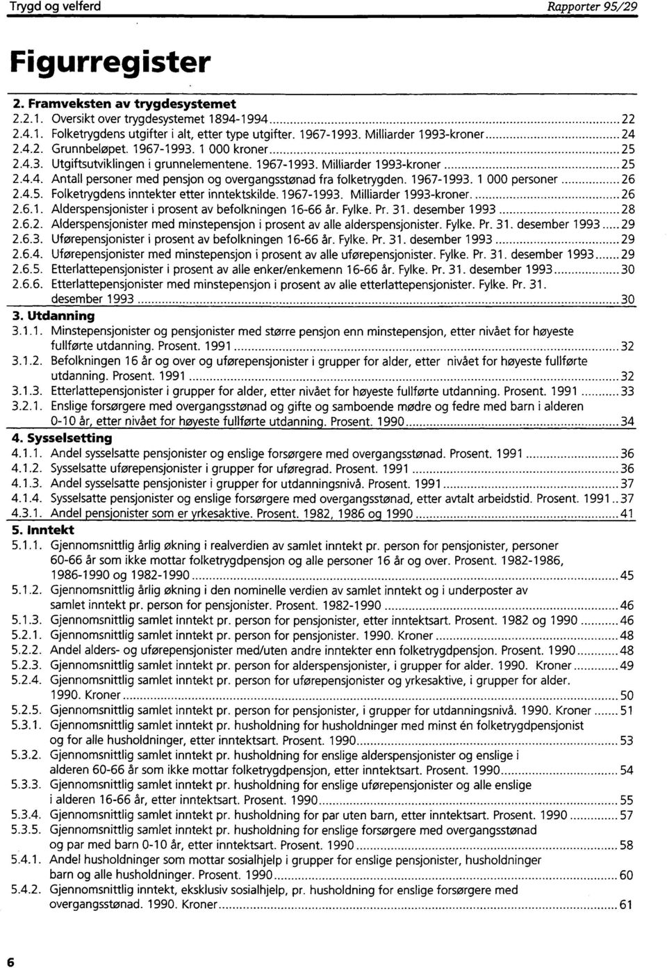 1967-1993. 1 000 personer 26 2.4.5. Folketrygdens inntekter etter inntektskilde. 1967-1993. Milliarder 1993-kroner. 26 2.6.1. Alderspensjonister i prosent av befolkningen 16-66 år. Fylke. Pr. 31.