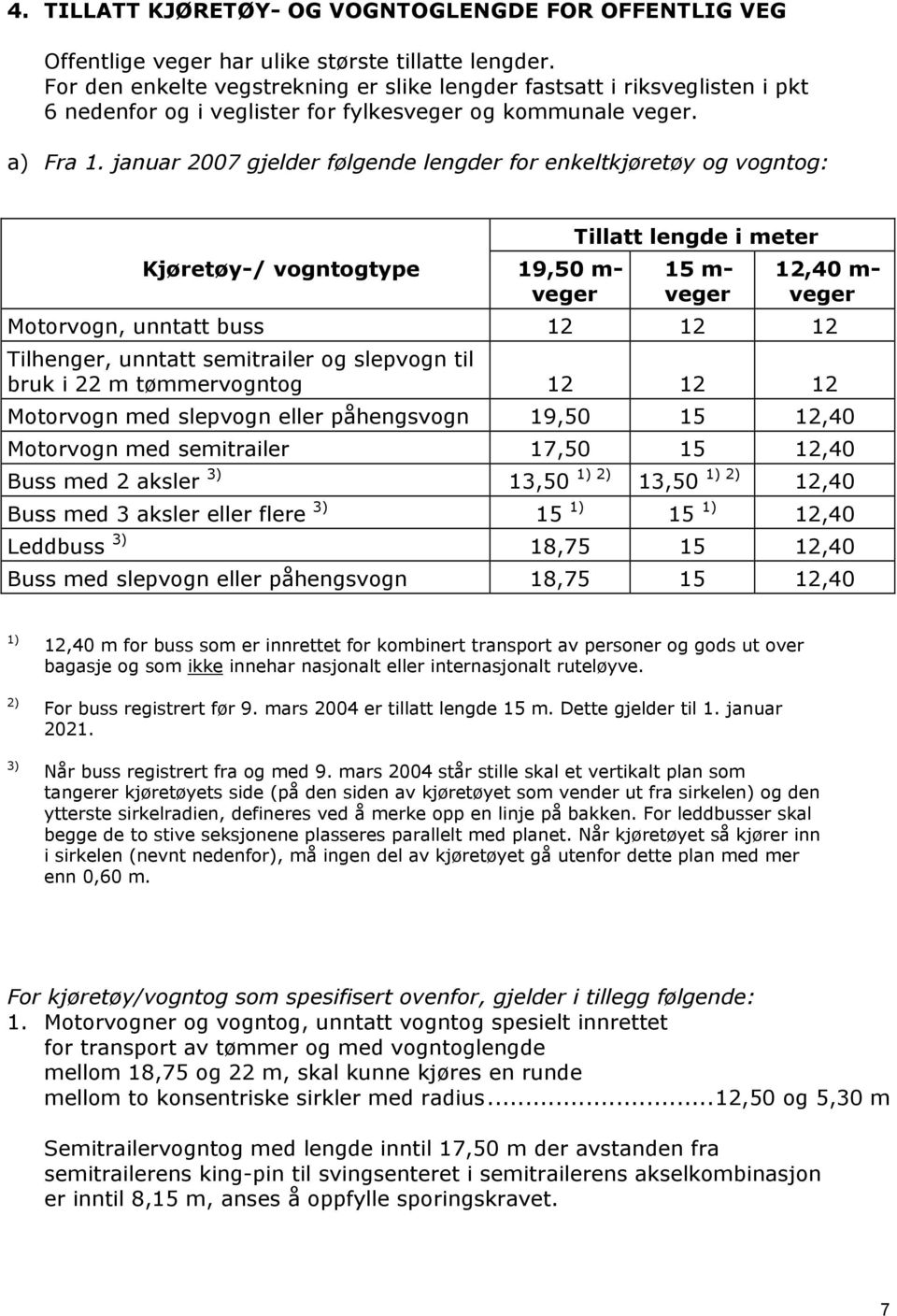 januar 2007 gjelder følgende lengder for enkeltkjøretøy og vogntog: Kjøretøy-/ vogntogtype 19,50 m- veger lengde i 15 m- veger 12,40 m- veger Motorvogn, unntatt buss 12 12 12 Tilhenger, unntatt