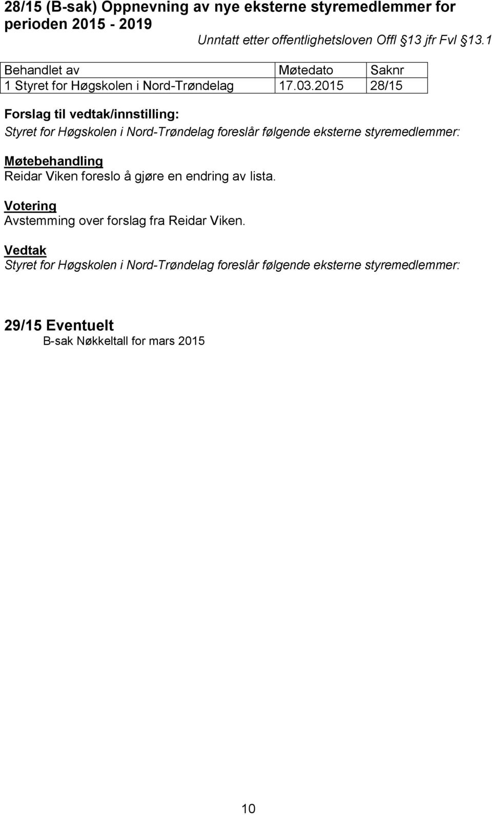 2015 28/15 Styret for Høgskolen i Nord-Trøndelag foreslår følgende eksterne styremedlemmer: Reidar Viken foreslo å gjøre en