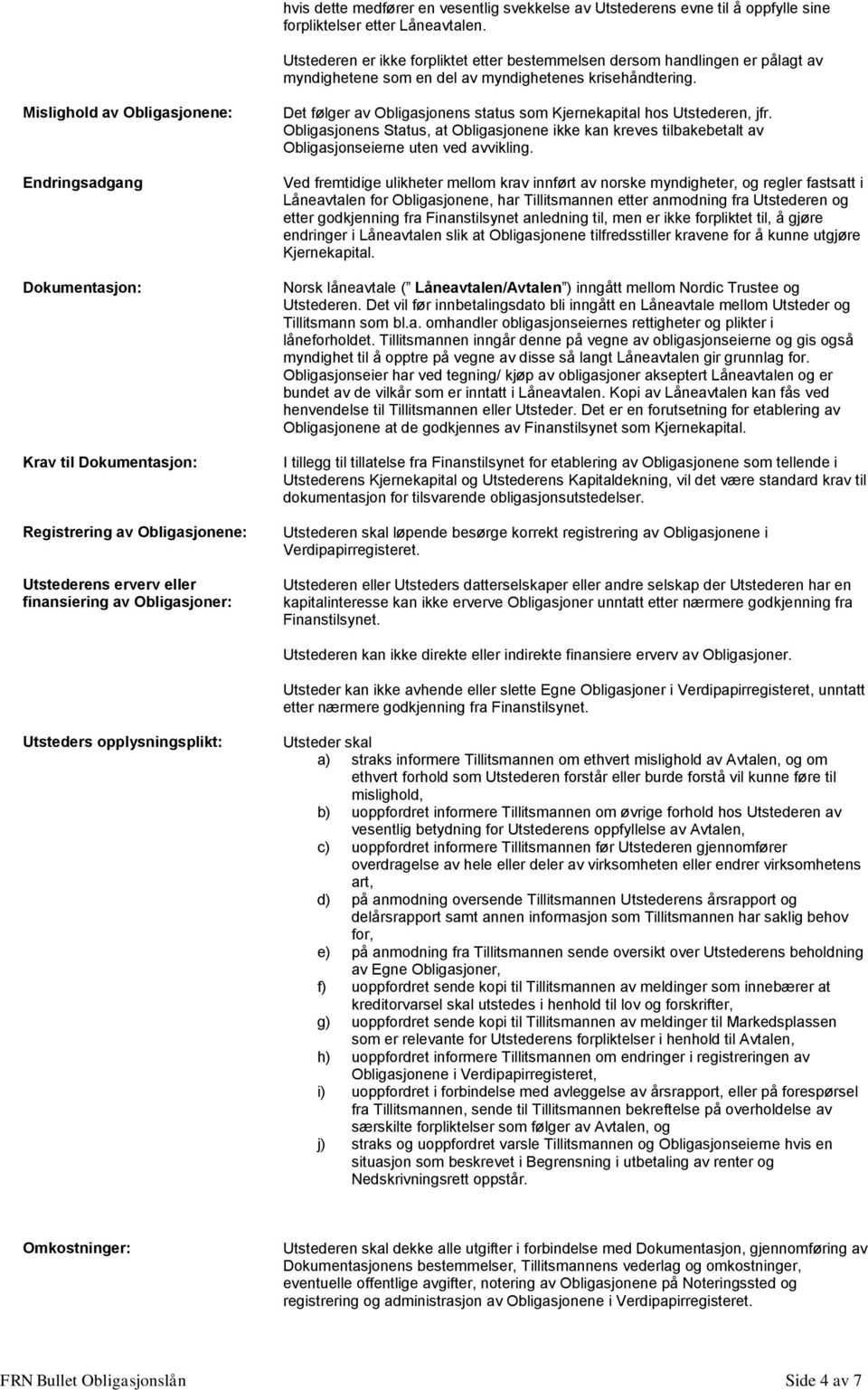 Mislighold av Obligasjonene: Endringsadgang Dokumentasjon: Krav til Dokumentasjon: Registrering av Obligasjonene: Utstederens erverv eller finansiering av Obligasjoner: Det følger av Obligasjonens