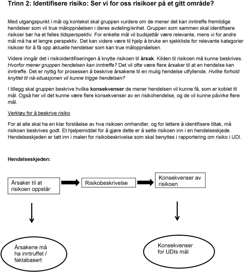 Gruppen som sammen skal identifisere risikoer bør ha et felles tidsperspektiv. For enkelte mål vil budsjettår være relevante, mens vi for andre mål må ha et lengre perspektiv.