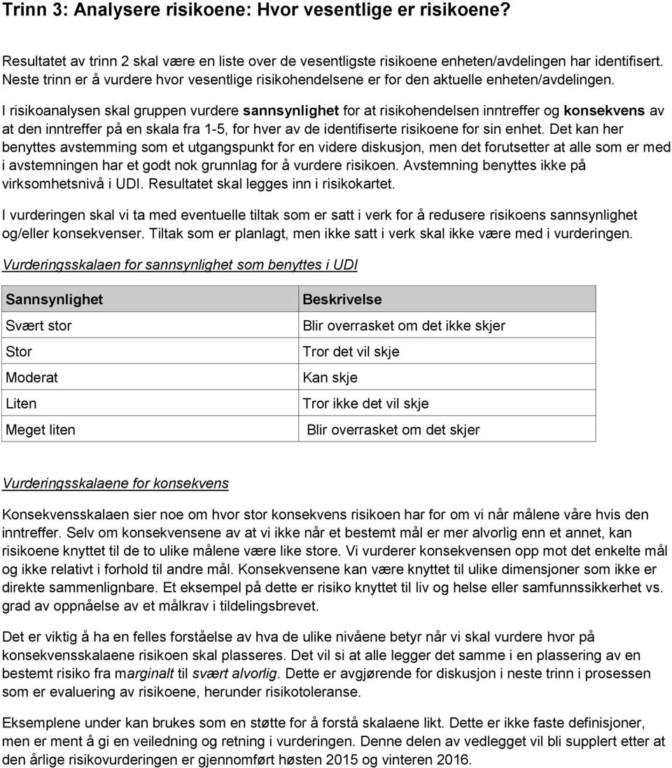 I risikoanalysen skal gruppen vurdere sannsynlighet for at risikohendelsen inntreffer og konsekvens av at den inntreffer på en skala fra 1-5, for hver av de identifiserte risikoene for sin enhet.