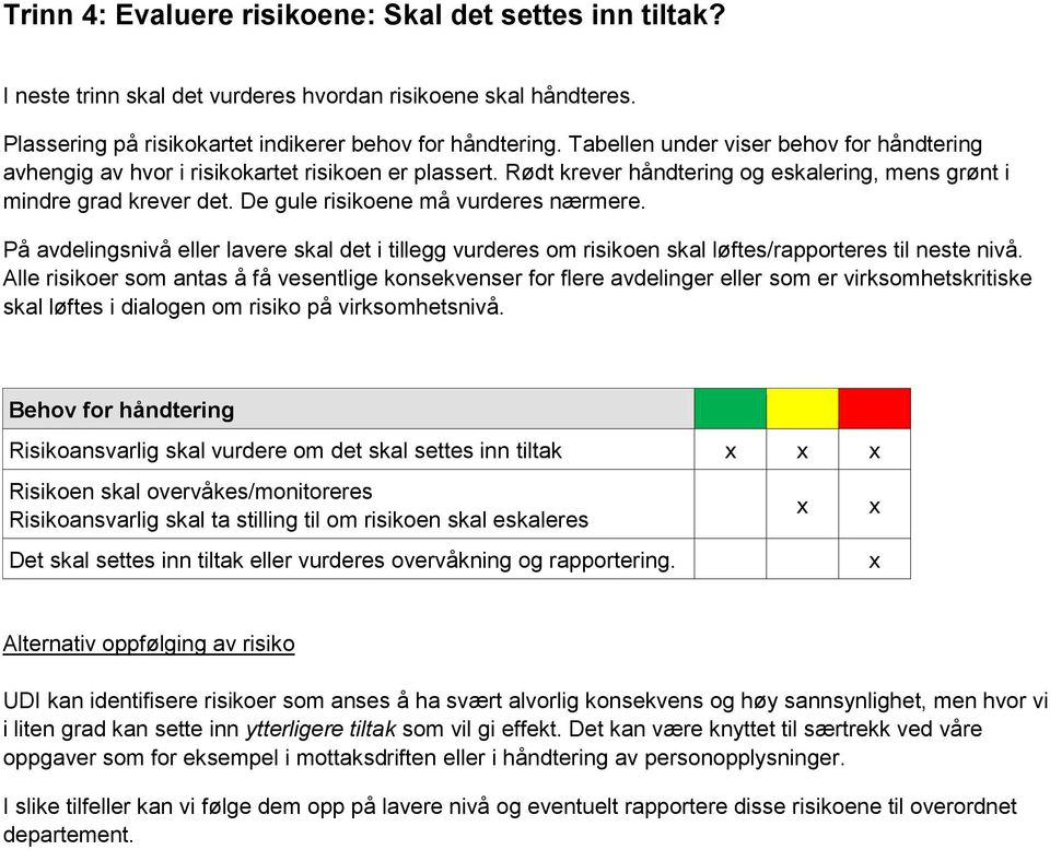 De gule risikoene må vurderes nærmere. På avdelingsnivå eller lavere skal det i tillegg vurderes om risikoen skal løftes/rapporteres til neste nivå.