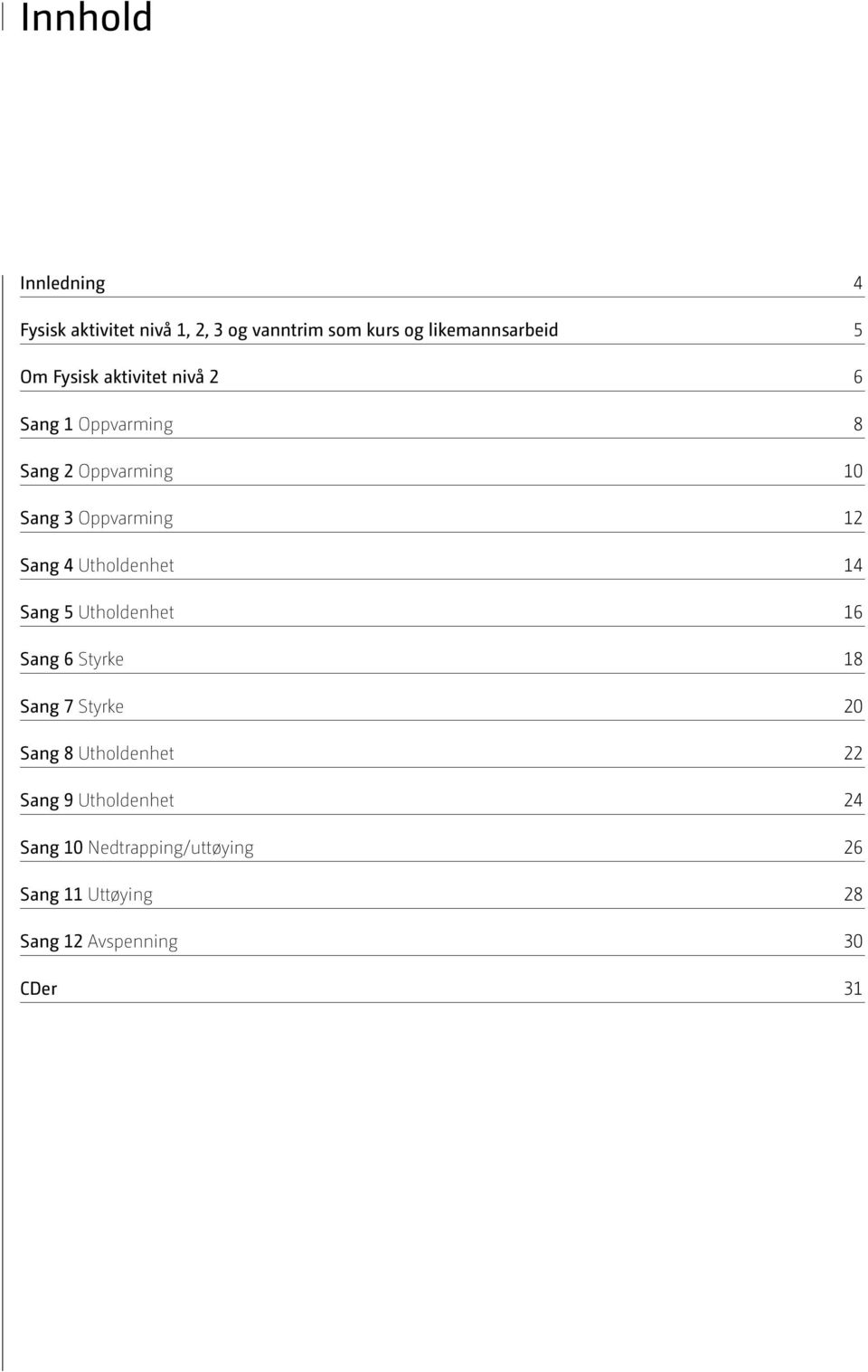 Utholdenhet 14 Sang 5 Utholdenhet 16 Sang 6 Styrke 18 Sang 7 Styrke 20 Sang 8 Utholdenhet 22