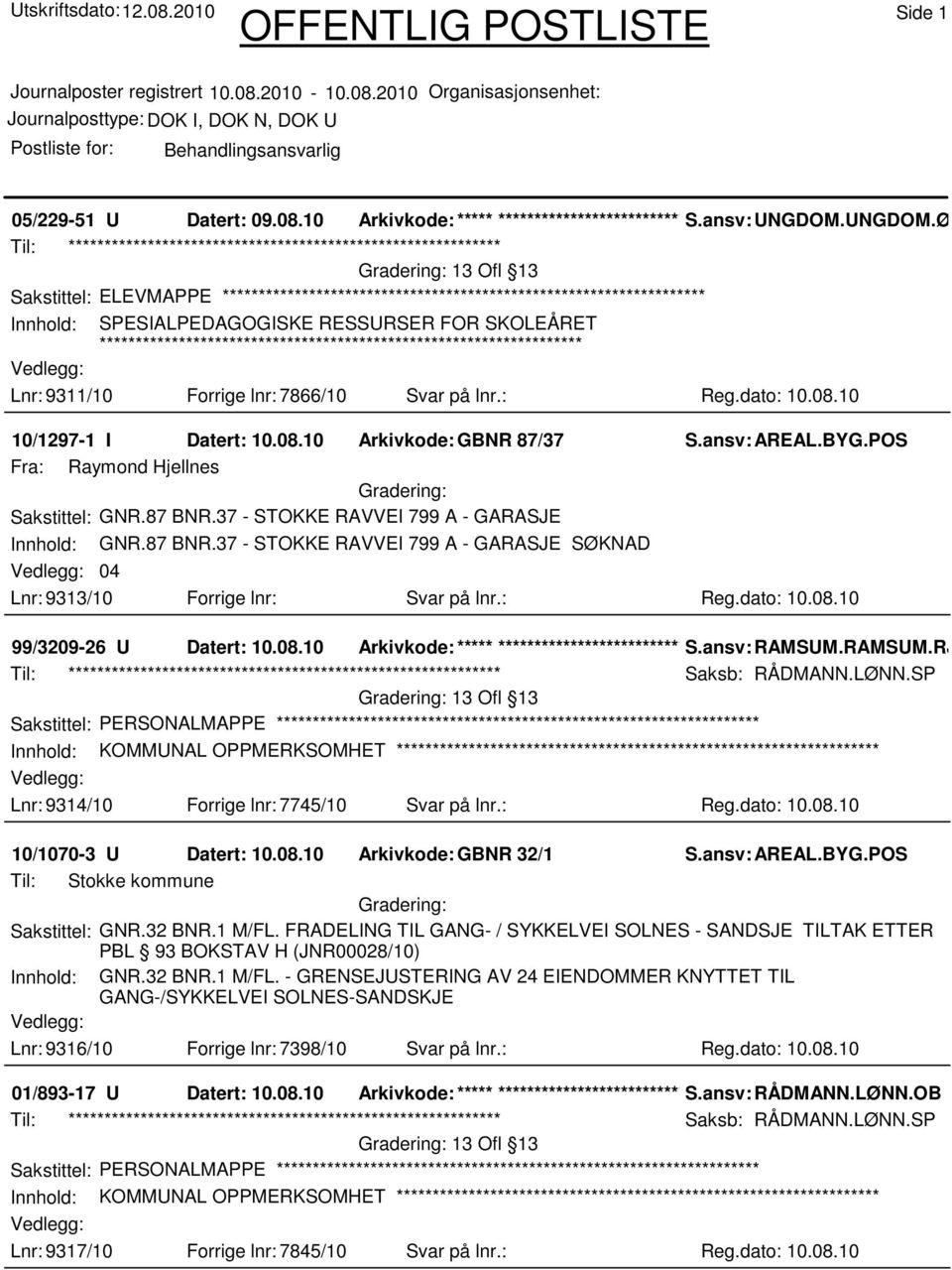 Ø Til: ************************************************************ 13 Ofl 13 Sakstittel: ELEVMAPPE Innhold: SPESIALPEDAGOGISKE RESSURSER FOR SKOLEÅRET Lnr: 9311/10 Forrige lnr: 7866/10 Svar på lnr.