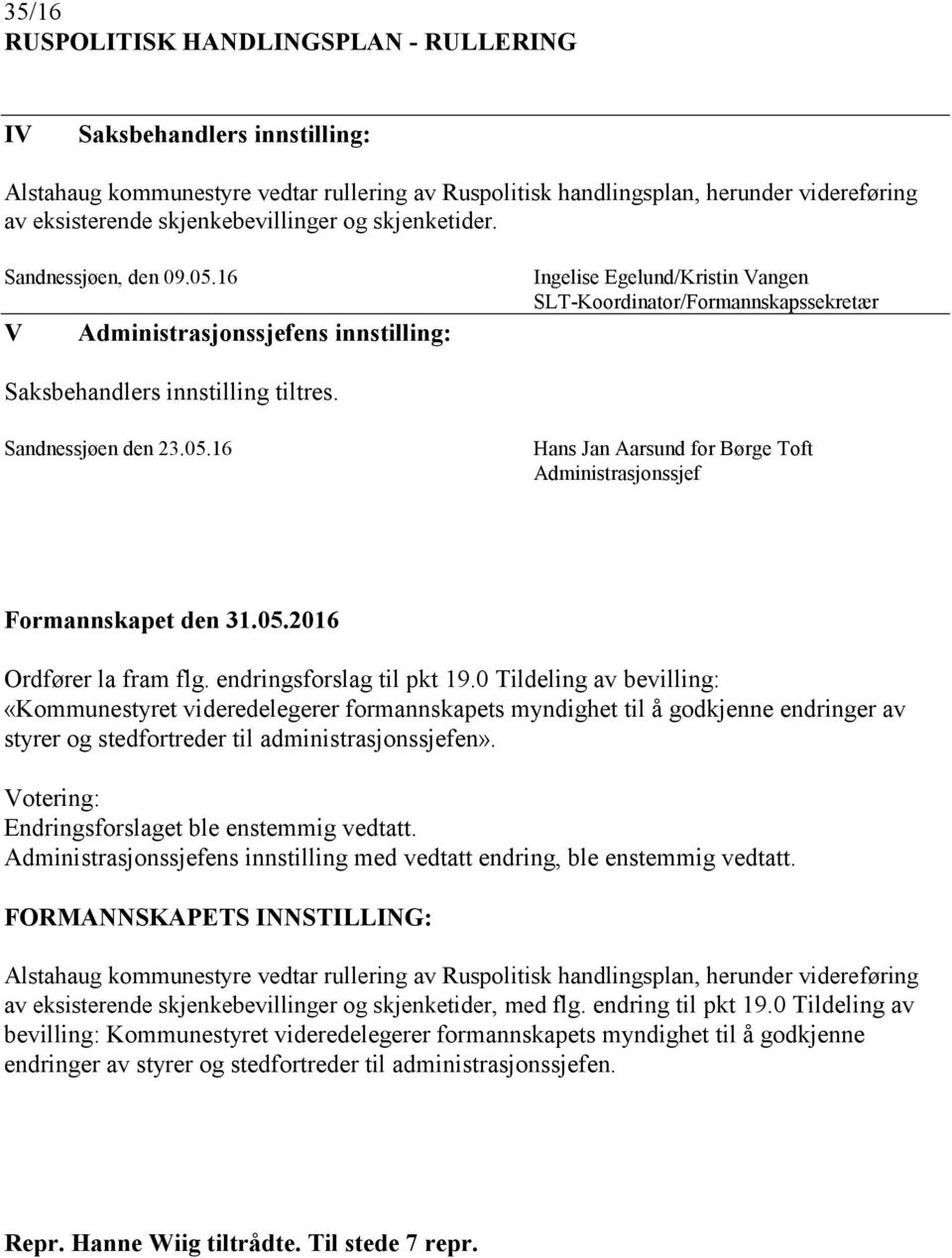 16 V Administrasjonssjefens innstilling: Ingelise Egelund/Kristin Vangen SLT-Koordinator/Formannskapssekretær Saksbehandlers innstilling tiltres. Sandnessjøen den 23.05.