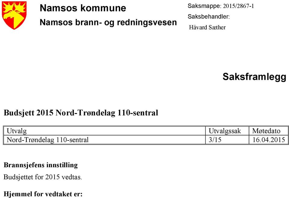 110-sentral Utvalg Utvalgssak Møtedato Nord-Trøndelag 110-sentral 3/15 16.