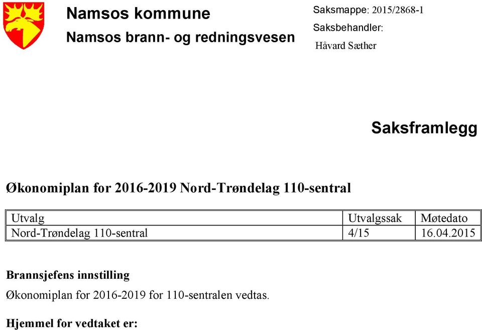 Utvalg Utvalgssak Møtedato Nord-Trøndelag 110-sentral 4/15 16.04.