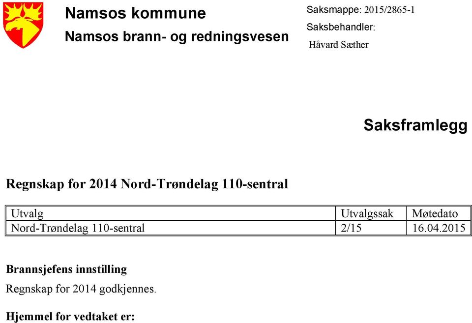 110-sentral Utvalg Utvalgssak Møtedato Nord-Trøndelag 110-sentral 2/15 16.04.